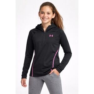 Under Armour Hoodie Pullover Youth Girls YLG Black Pink Half Zip Performance